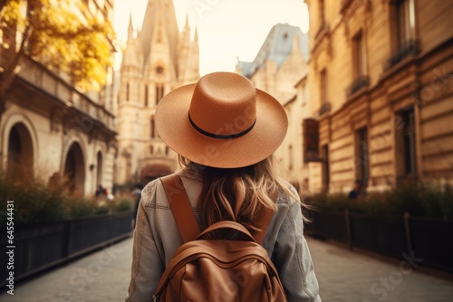 Rear view of female tourist wearing hat and backpack on vacation in France