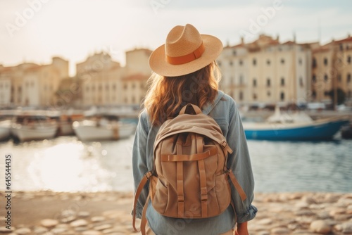 Rear view of female tourist wearing hat and backpack on vacation in France