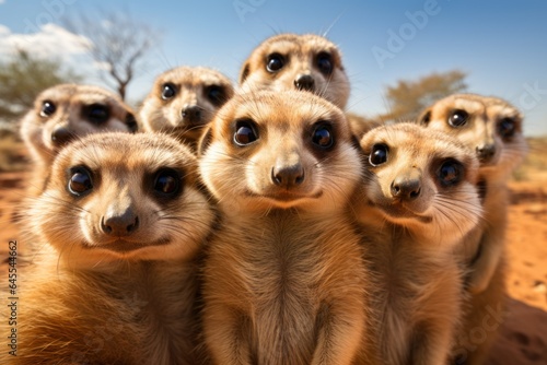 Fototapeta group of meerkats standing upright and looking attentively