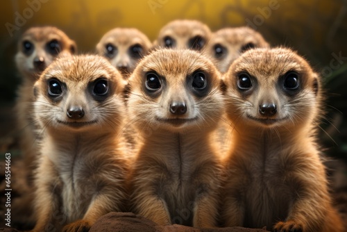 group of meerkats standing upright and looking attentively