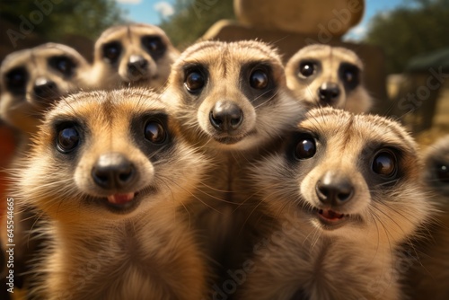 group of meerkats standing upright and looking attentively © sirisakboakaew