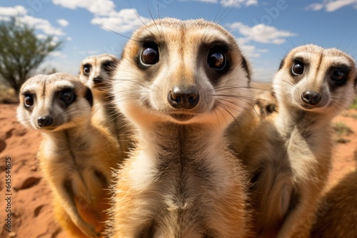 group of meerkats standing upright and looking attentively © sirisakboakaew