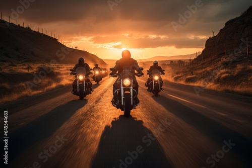 group of motorcycle riders riding together at sunset © sirisakboakaew