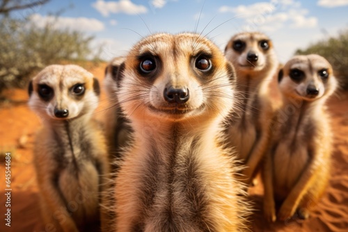 group of meerkats standing upright and looking attentively © sirisakboakaew