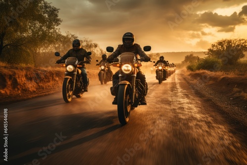group of motorcycle riders riding together at sunset © sirisakboakaew