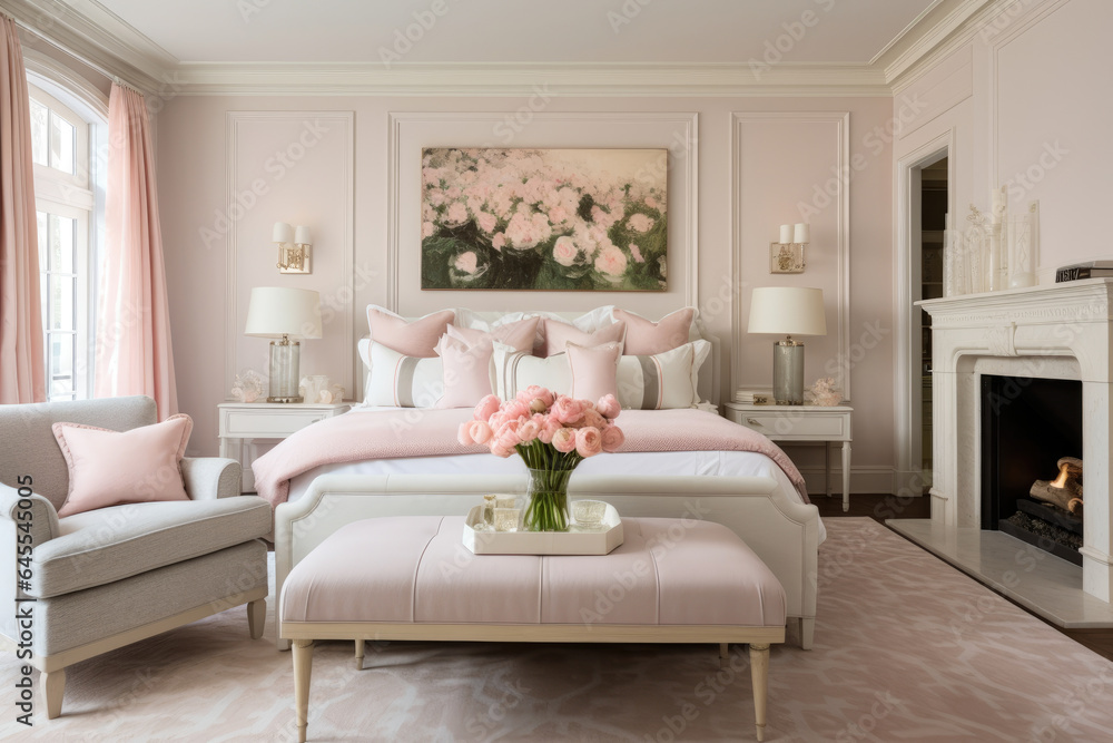 Fototapeta premium Elegant and Serene Bedroom Interior with a Dreamy Dusty Rose Color Scheme, Exuding Warmth and Sophistication