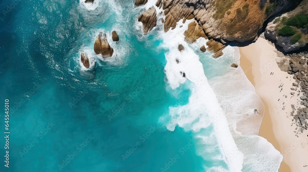 Fototapeta premium View from above of sandy beach with blue sea