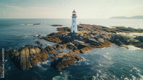 View from the top of a lighthouse on a small rocky island