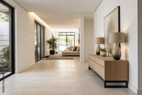 A Serene and Stylish Modern Minimalist Hallway Interior with Clean Lines and Neutral Tones