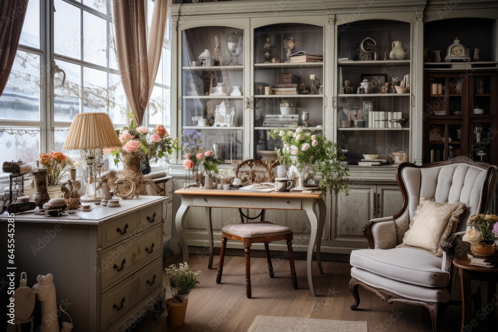 Elegantly Vintage: A Captivating Office Interior in Shabby Chic Style, Adorned with Antique Furniture and Delicate Decor