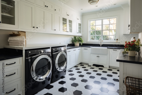 Fotografia A Stylish Modern Vintage Laundry Room with a Striking Black and White Color Sche