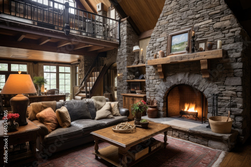 Cozy Cottage Haven: A Charming Living Room Interior Immersed in Rustic Cottage Style © aicandy