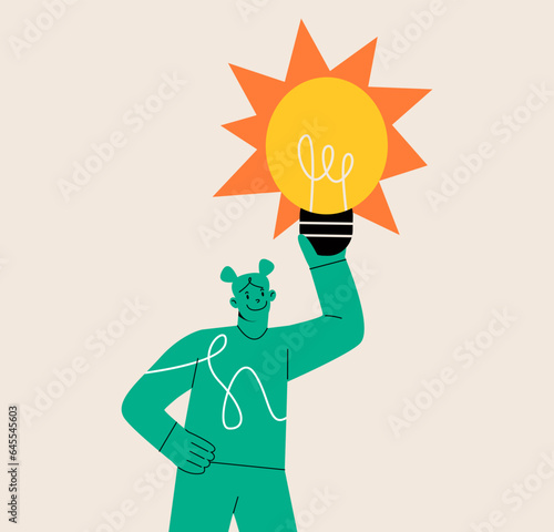 Happy inventor  with light bulb. Discovery and invention concept. Colorful vector illustration