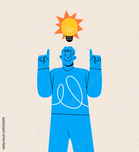 Happy inventor with light bulb. Discovery and invention concept. Colorful vector illustration