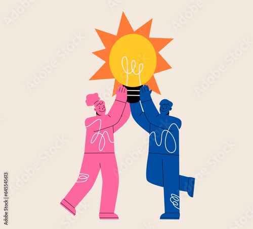 PrintHappy inventor woman and man with light bulb. Discovery and invention concept. Colorful vector illustration