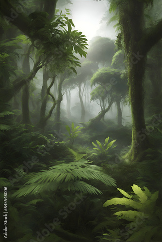 Rainforest with lots of trees and branches and dew, super detailed fogy environment