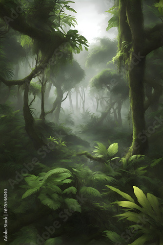 Rainforest with lots of trees and branches and dew, super detailed fogy environment