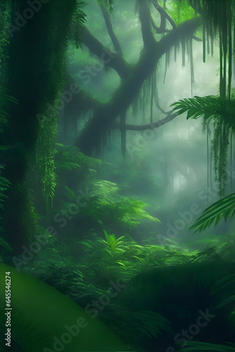 Rainforest with lots of trees and branches and dew  super detailed fogy environment