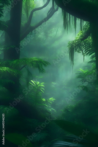 Rainforest with lots of trees and branches and dew  super detailed fogy environment