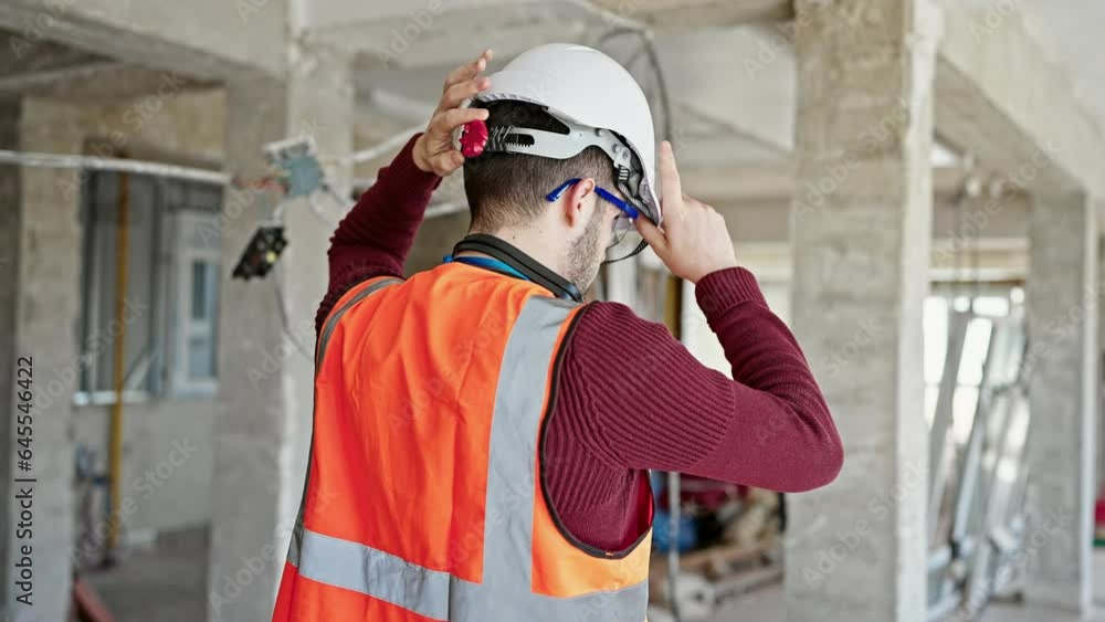 Young hispanic man builder wearing hardhat standing backwards at construction site Young hispanic man builder wearing hardhat standing backwards at construction site