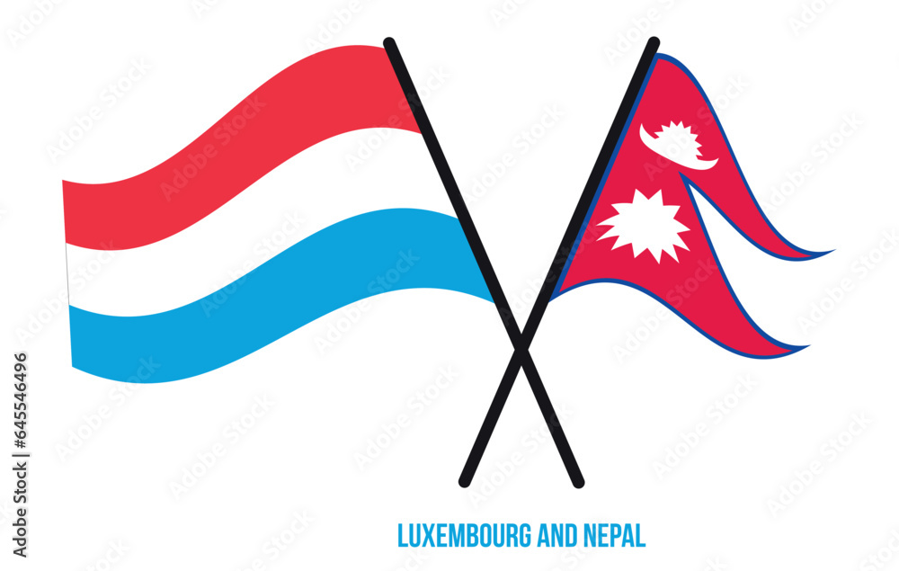 Luxembourg and Nepal Flags Crossed And Waving Flat Style. Official Proportion. Correct Colors.