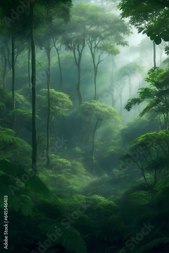 Rainforest with lots of trees and branches and dew  super detailed fogy environment