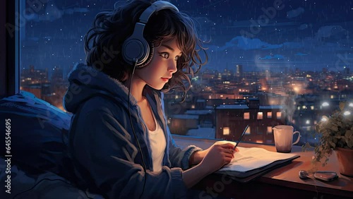 woman listening to music with headphones in bedroom at night. Anime art style. Loop animation. lofi music background photo