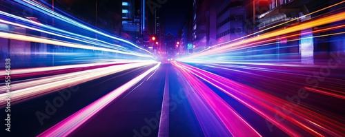 Neon light on city street, light trail hyper speed concept