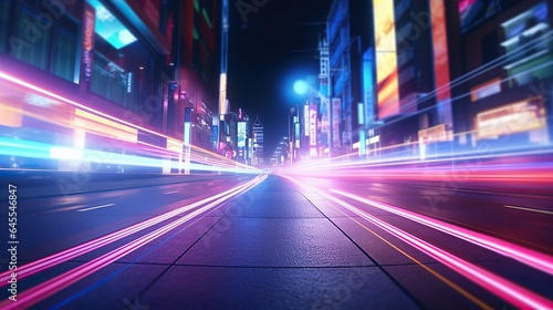 Neon light on city street, light trail hyper speed concept