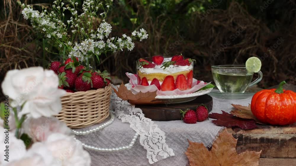 Autumn picnic with pumpkins, tea, strawberry cake and flowers in the park, warm autumn day. Autumn concept Autumn picnic with pumpkins, tea, strawberry cake and flowers in the park, warm autumn day. Autumn concept