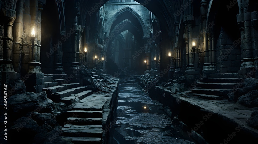 old abandoned church, under ground sewer in hogwarts magical castle, walkways on either side, stairway to the left side, background, wallpaper 