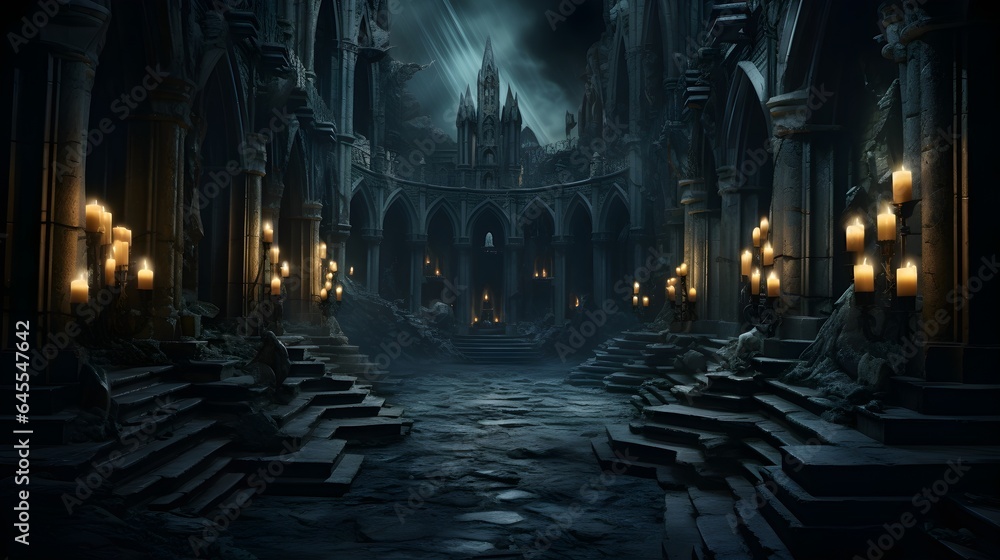 under ground sewer in hogwarts magical castle, walkways on either side, stairway to the left side, background, wallpaper, interior of church - obrazy, fototapety, plakaty 