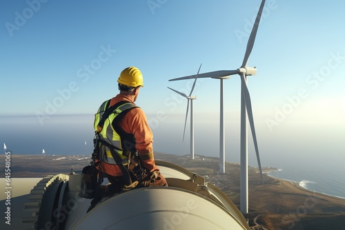 Worker on top of wind turbine.