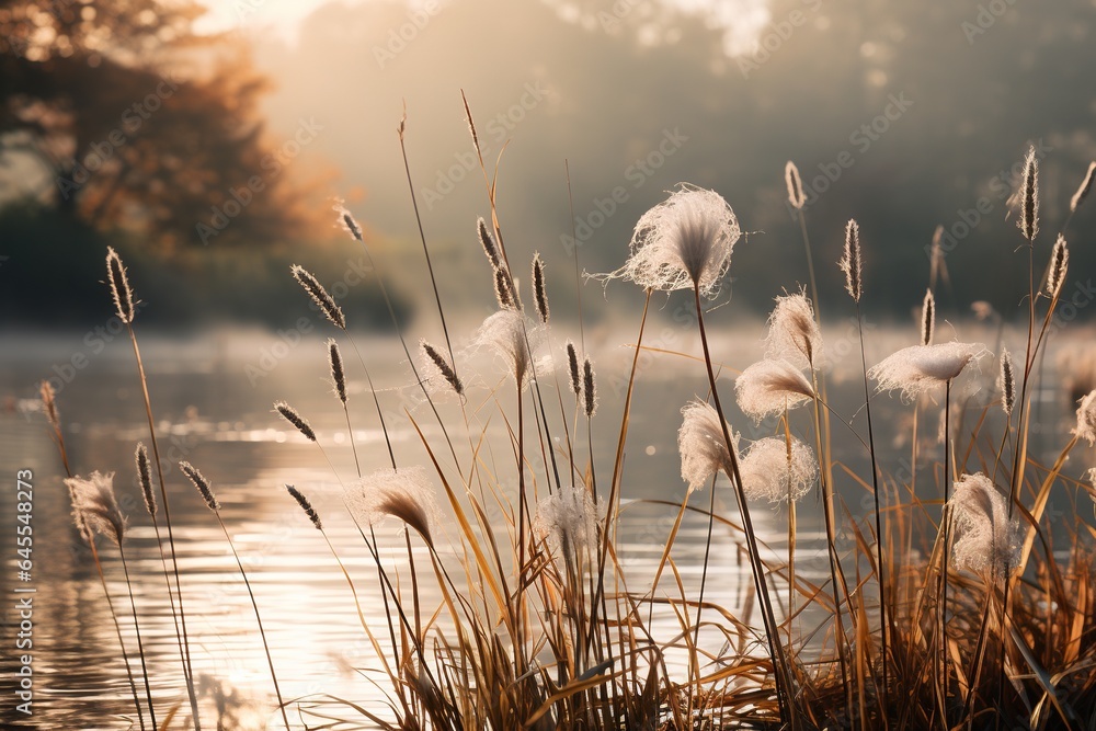 Reeds at sunrise with fog. - obrazy, fototapety, plakaty 