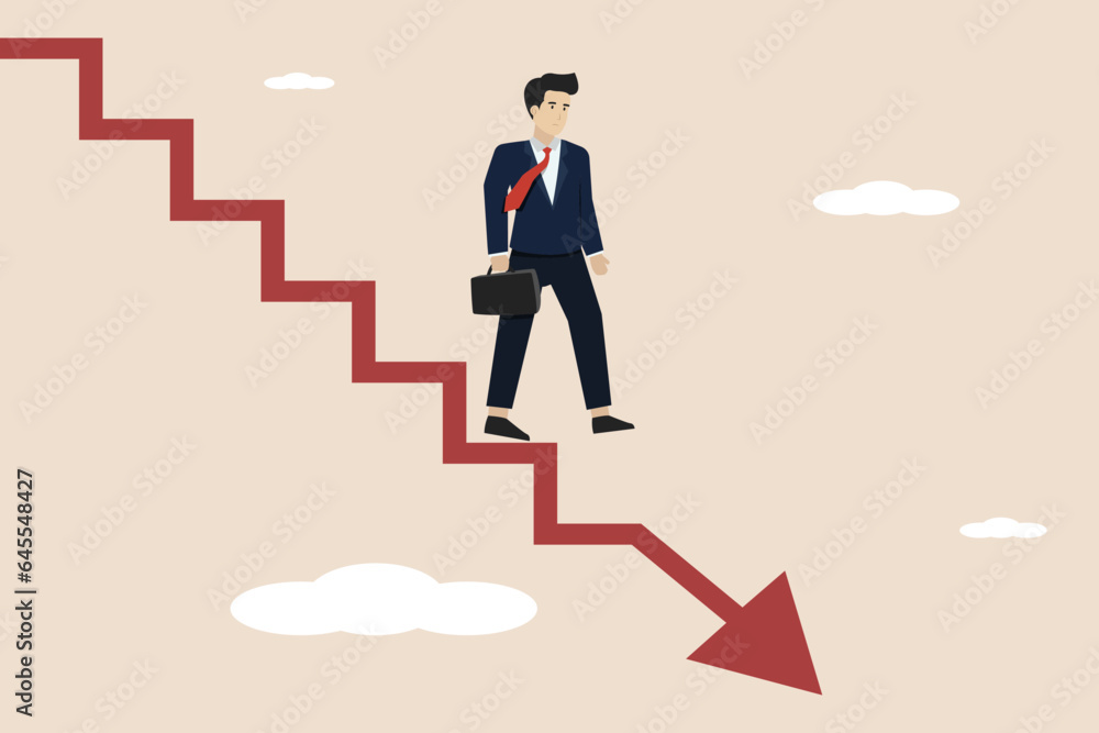 Business failure, work mistake, shame, bankruptcy or failed businessman concept, depressed businessman walking down the ladder of success. Successful businessman illustration. Business failure, work mistake, shame, bankruptcy or failed businessman concept, depressed businessman walking down the ladder of success. Successful businessman illustration.