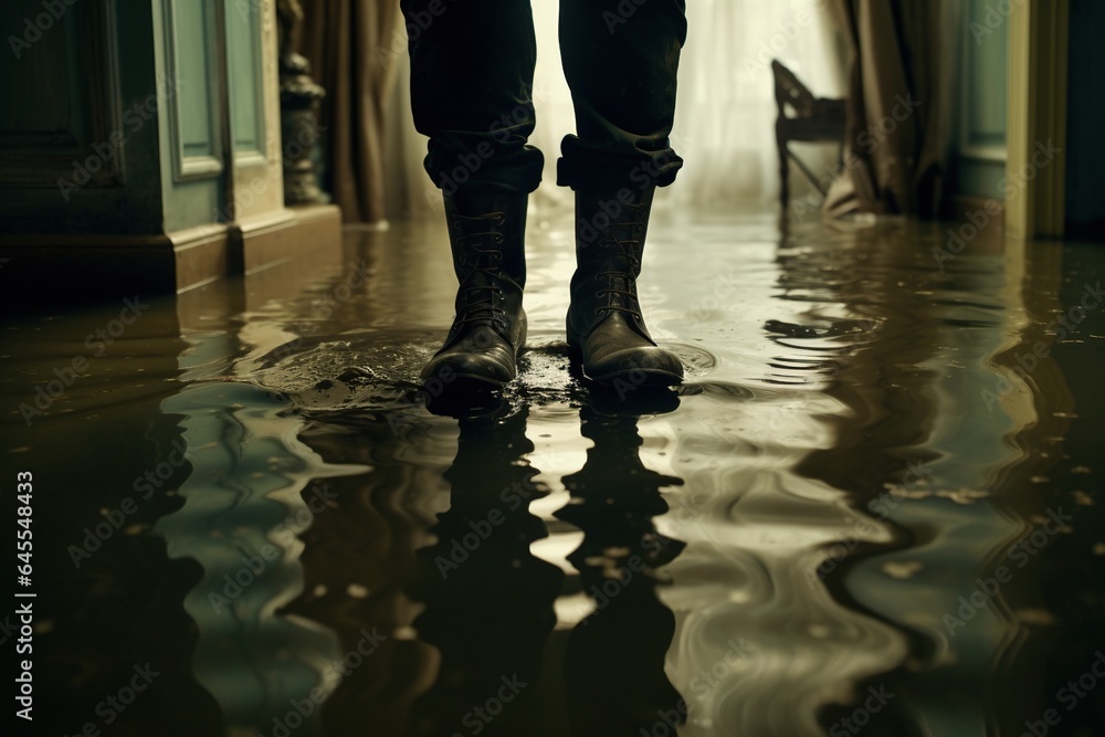 A man in rubber boots stands in a flooded house. A man in rubber boots stands in a flooded house.