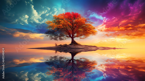 A Colorful Tree and Sky Reflected in Water