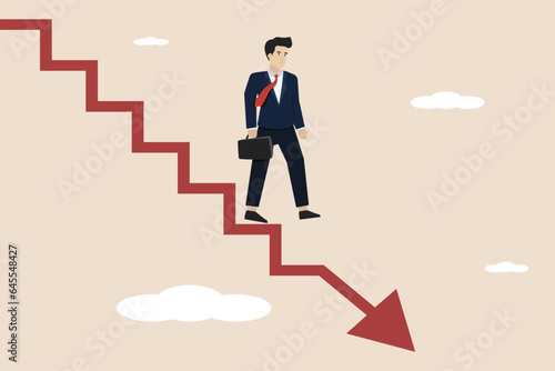 Business failure, work mistake, shame, bankruptcy or failed businessman concept, depressed businessman walking down the ladder of success. Successful businessman illustration.
