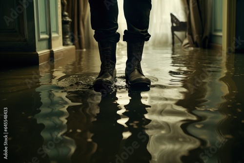 A man in rubber boots stands in a flooded house.