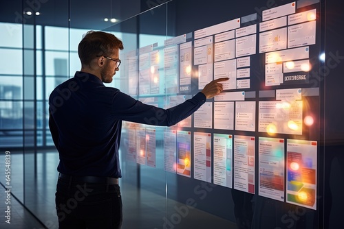Agile software development or project management using kanban or scrum methodology boards. Process, workflow, visual organisation tools. Finger touching virtual interface.
