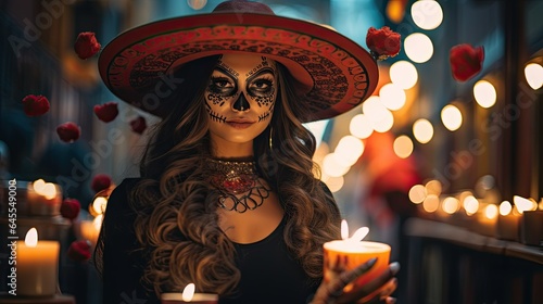 Portrait woman wearing sombrero with sugar skull makeup AI Generative