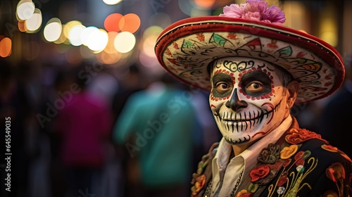 Portrait man wearing sombrero with sugar skull makeup AI Generative