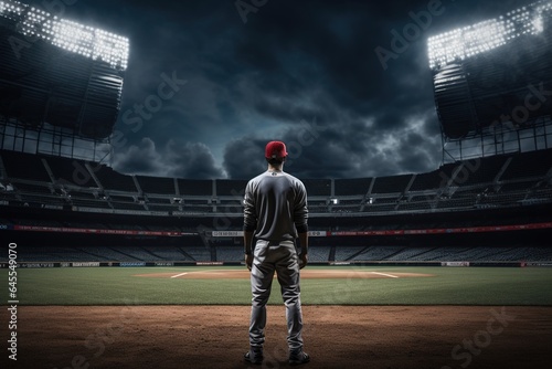 Baseball player standing in the middle of baseball stadium. © Bargais