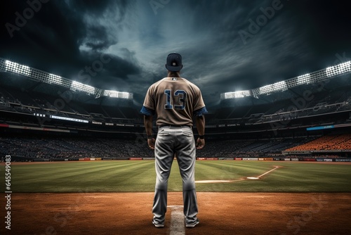 Baseball player standing in the middle of baseball stadium. © Bargais