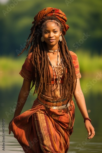 Beautiful African woman with dreadlocks walking in lake.