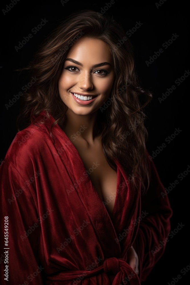 Beautiful smiling woman in dark red terry robe. Beautiful smiling woman in dark red terry robe.