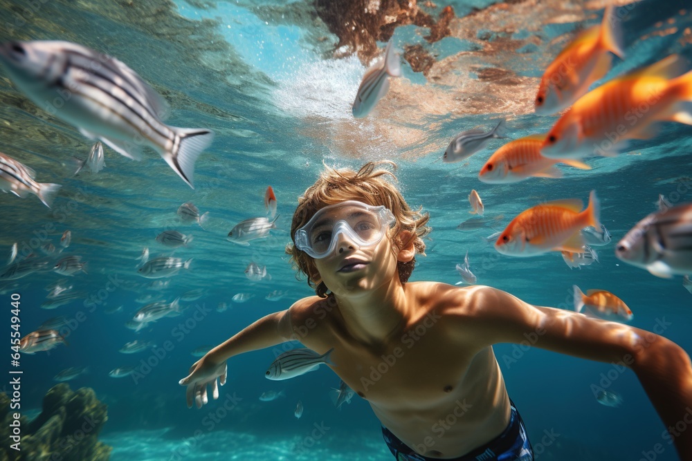 Fototapeta premium Boy snorkeling in a ocean, watching colorful fish.