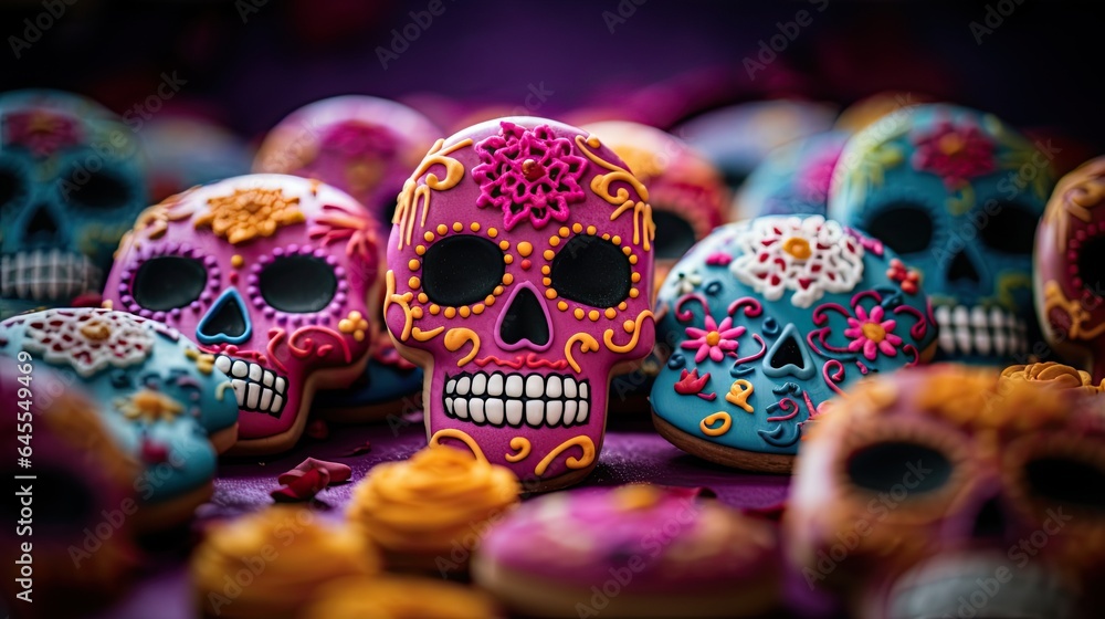 Delicious skull cookies with topping on the plate AI Generative