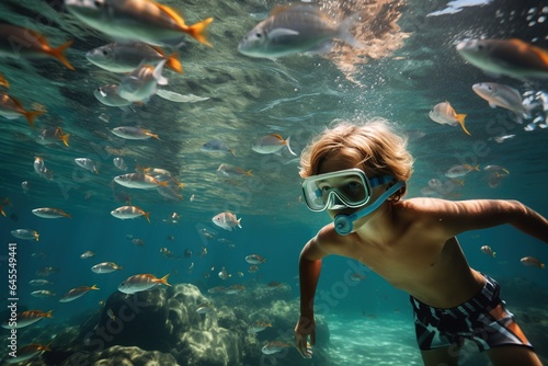 Boy snorkeling in a ocean, watching colorful fish.