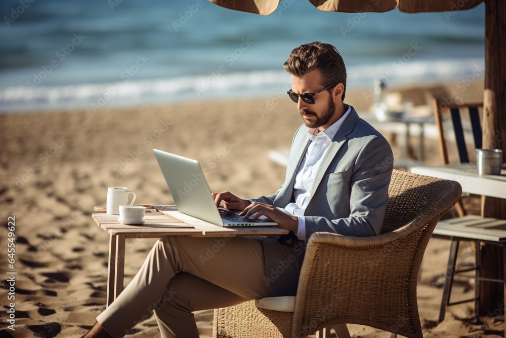 Businessman working on laptop on the beach.